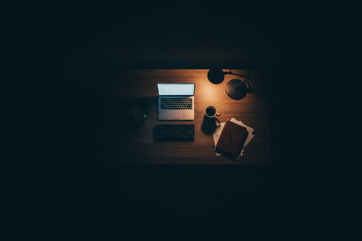 Photo of a desk in the dark from an aerial view